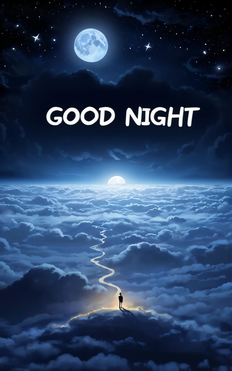 A man standing on top of a cloud covered sky under a full moon with the words goodnight above it and a person standing on a hill, poster, poster art, fantasy art