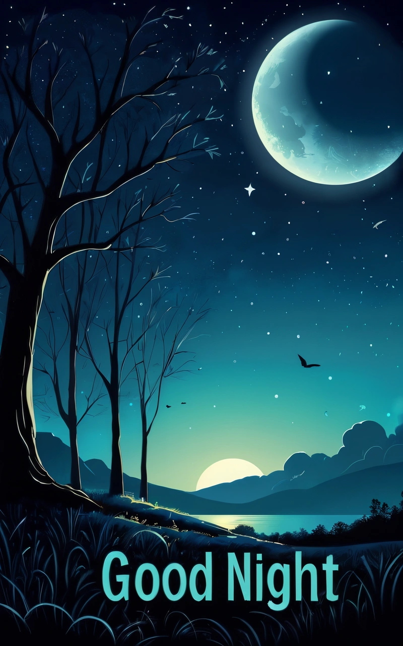 A night scene with a full moon and a tree with a bird flying in the sky and a full moon in the distance with the words good night, dark background, a detailed matte painting, space art