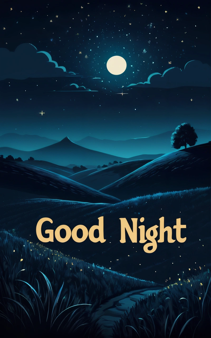 A night scene with the words good night written in the sky and a tree on the hill in the distance with a full moon in the sky, poster, a poster, space art