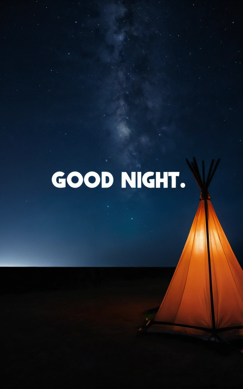A teepee with the words good night written on it in front of a night sky with stars and a milky background with a quote, night, a stock photo, minimalism