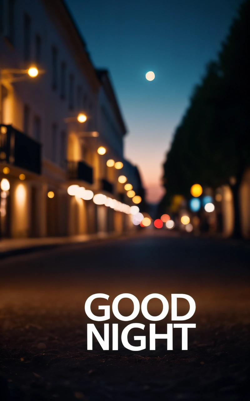 A street with a street light and a good night sign on it's side of the street with a building in the background and a street light at night, night, a 3d render, dau-al-set