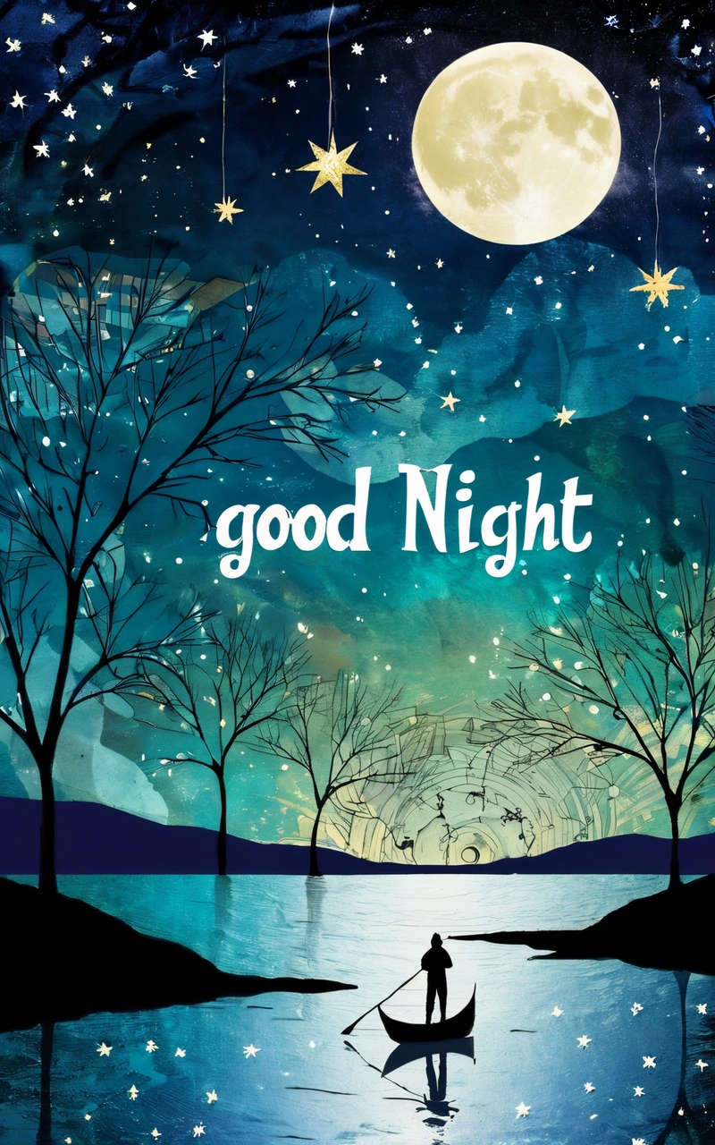 A man is rowing a boat in the water at night with the moon in the sky and stars in the trees above him, and the water below, night, a storybook illustration, dau-al-set