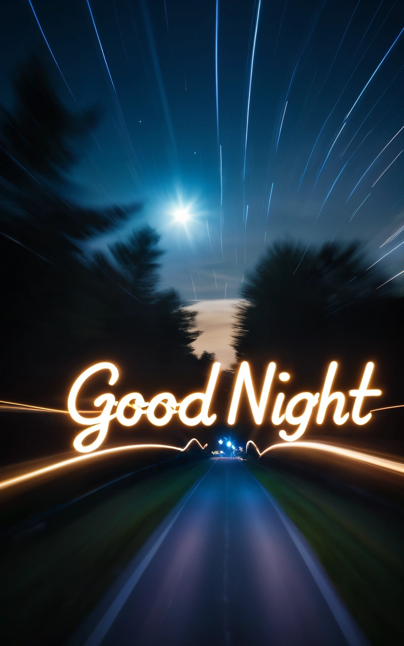 A night time picture of a road with the words good night written in the middle of it and a car driving down the road at the end of the road, night, a digital rendering, dau-al-set