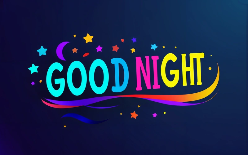 A colorful good night sign with stars and a crescent on a blue background with a purple background and a blue background with a blue border, colorful flat surreal design, a digital rendering, international typographic style