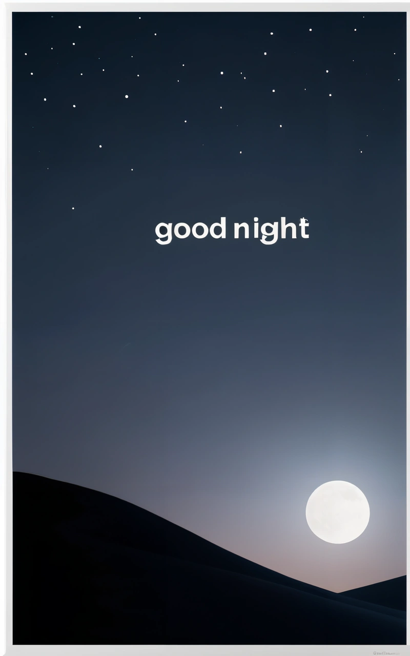 A picture of a night sky with the words good night written in white on it and a full moon in the distance with stars in the sky, nighttime, a digital rendering, minimalism