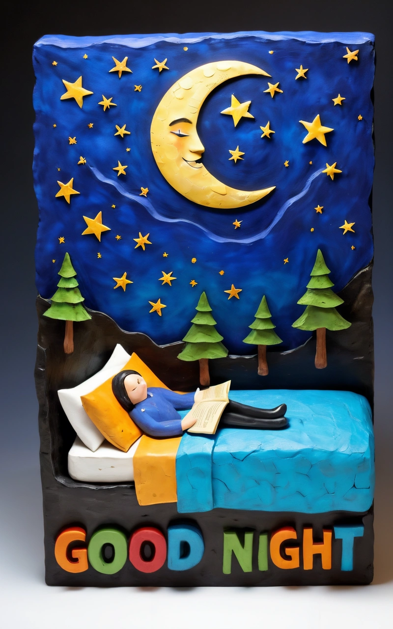 A cake with a sleeping man on it and a night sky background with stars and a crescent moon on it, and a good night sign, highly detailed, a storybook illustration, naive art