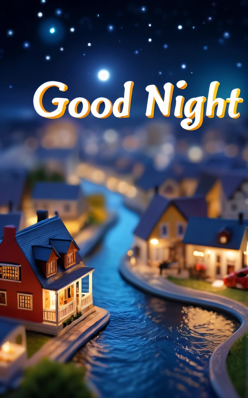 A small town with a river running through it and a good night sign above it that says, good night on the picture above it, night time, a digital rendering, naive art