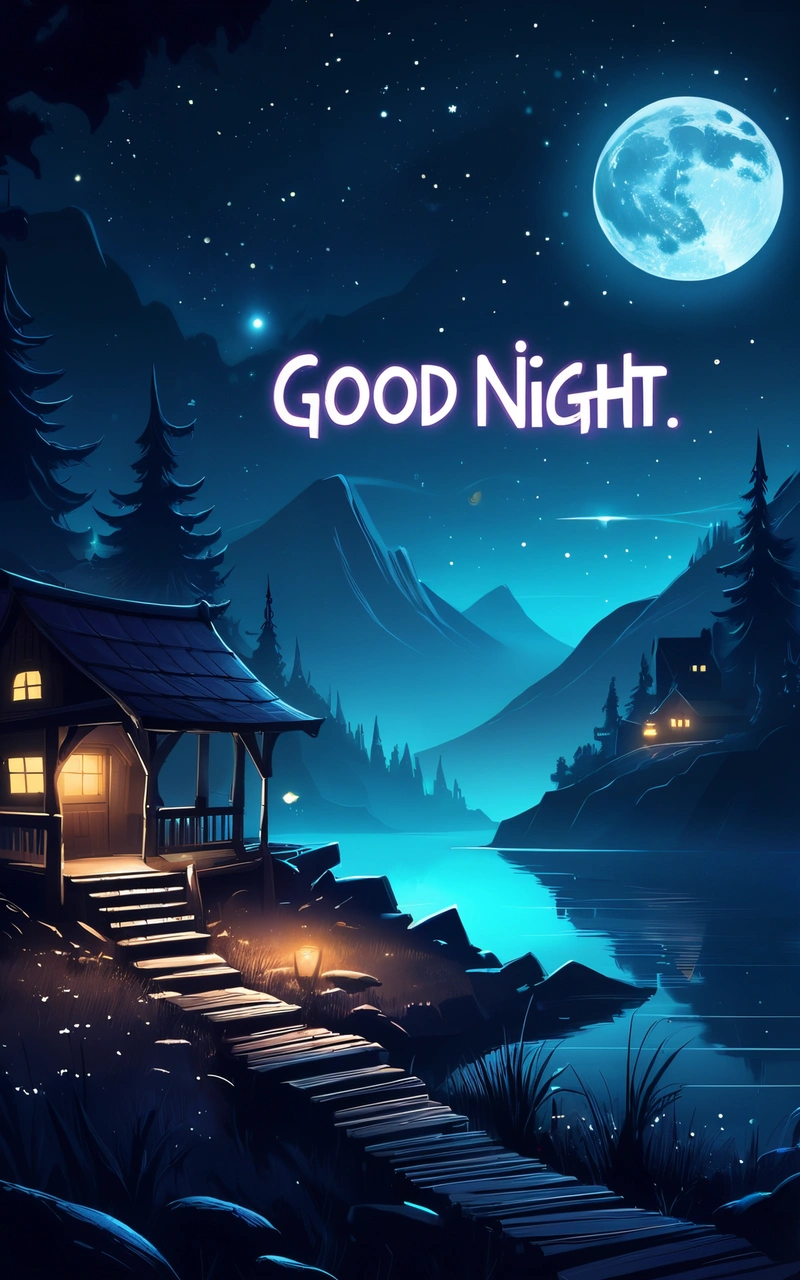 A night scene with a house and a dock with a full moon in the sky and a full moon in the sky above it, and a full moon in the distance, dark background, poster art, fantasy art