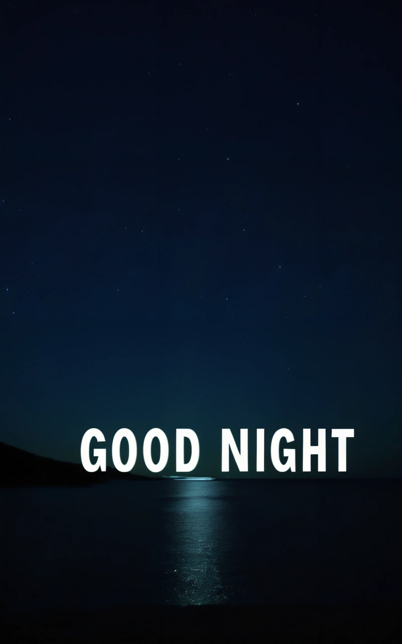 A night sky with the words good night written in white on it and a full moon in the distance with a body of water in the foreground, night, a poster, dau-al-set