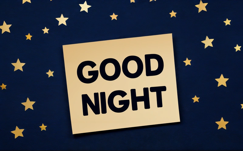 A piece of paper with the words good night written on it and stars around it on a blue background with gold stars in the sky, night, a digital rendering, folk art