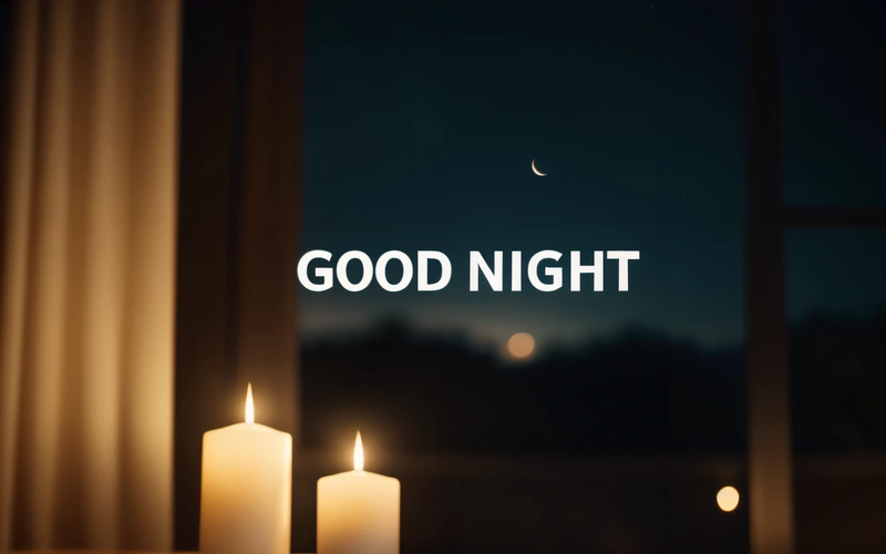 Two candles sitting on a table with a window in the background with a good night message on it and a crescent moon in the distance, night, computer graphics, dau-al-set