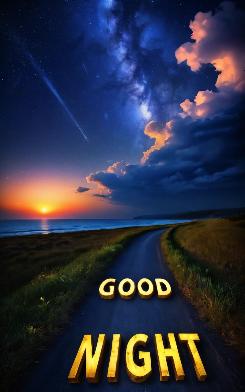 A road with the words good night written on it at the end of the road at night time with a sky full of clouds and stars, poster, computer graphics, lyco art