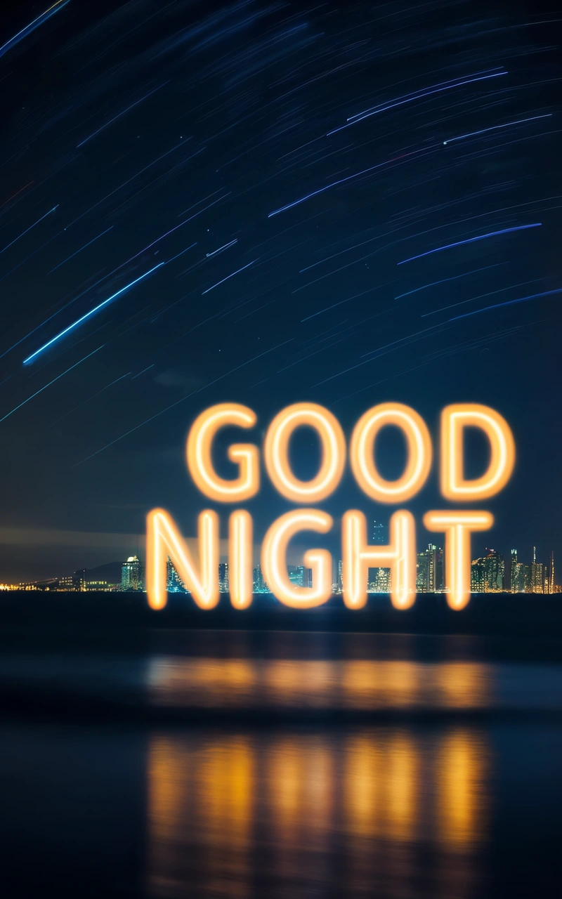 A night time picture of a city with a good night message in the middle of it and stars in the sky above it, and a cityscapepe, night, a 3d render, dau-al-set