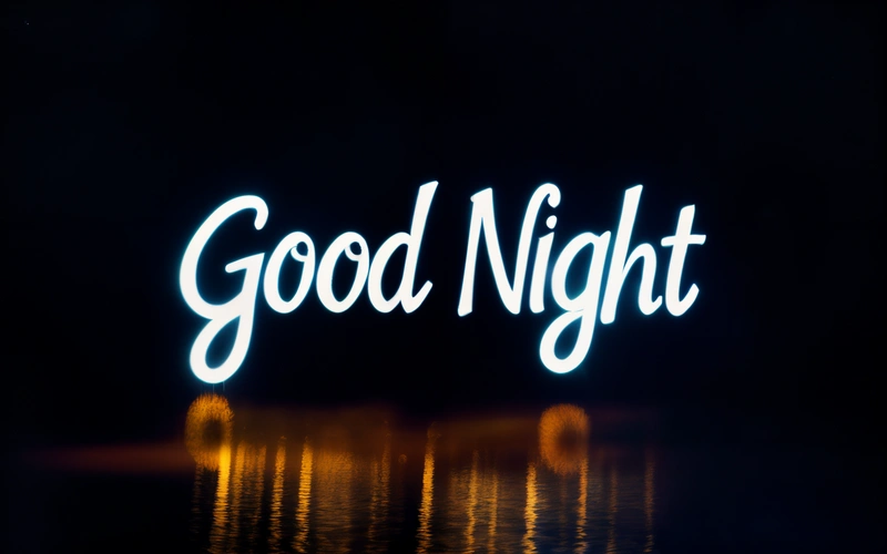 A sign that says good night in a dark room with a reflection of the light on the water and the word good night written in white, night, a 3d render, international typographic style