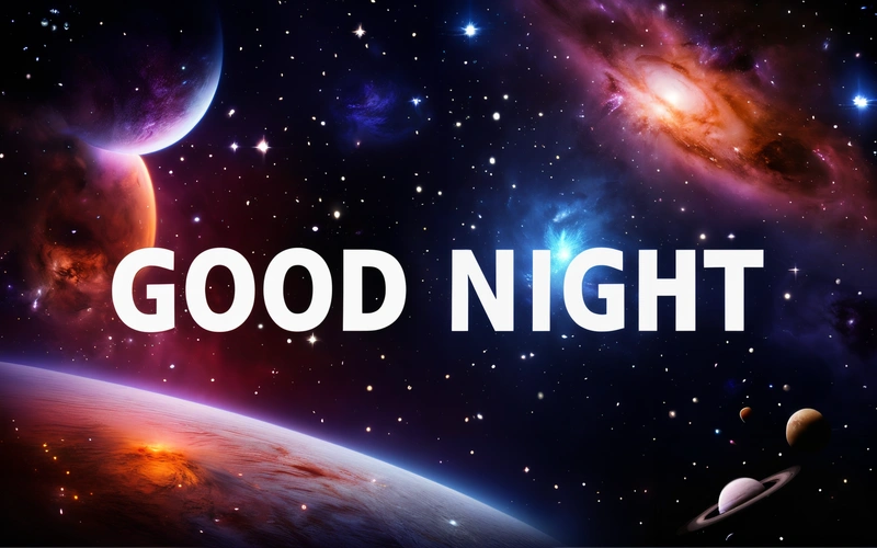 A picture of a space scene with the words good night in the middle of the picture and the planets in the background with stars and a bright blue sky, night, computer graphics, space art