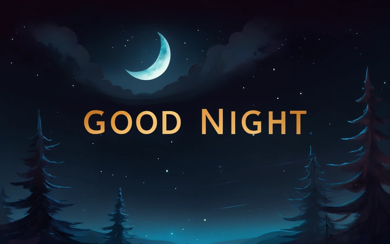 A night scene with the words good night written in gold on a dark background with trees and a crescent moon in the sky above the trees, night, computer graphics, computer art
