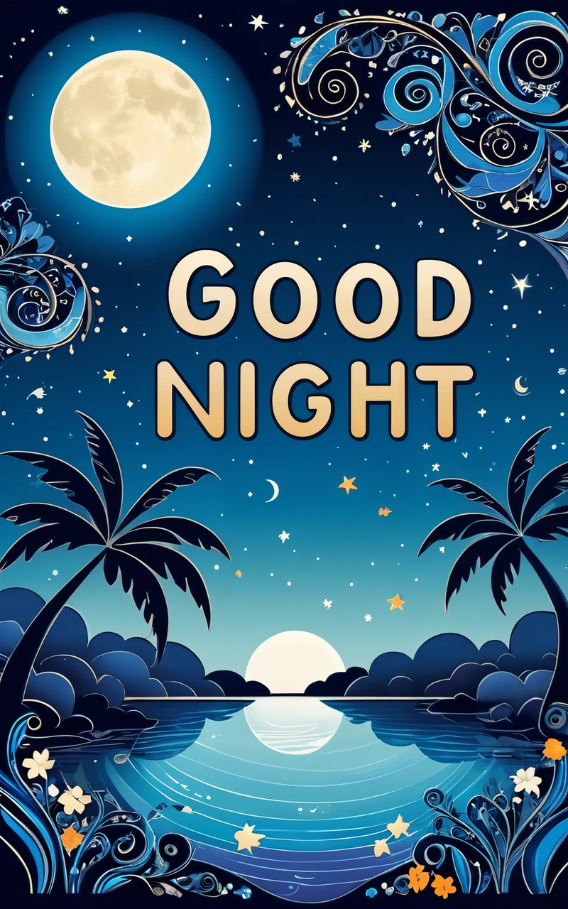 A poster with the words good night written in it and a full moon in the background with palm trees and a body of water with waves, night, a poster, folk art