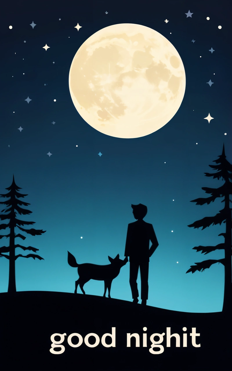 A man standing next to a dog under a full moon with the words good night written below it on a blue background with stars and a full moon, book cover, a storybook illustration, space art