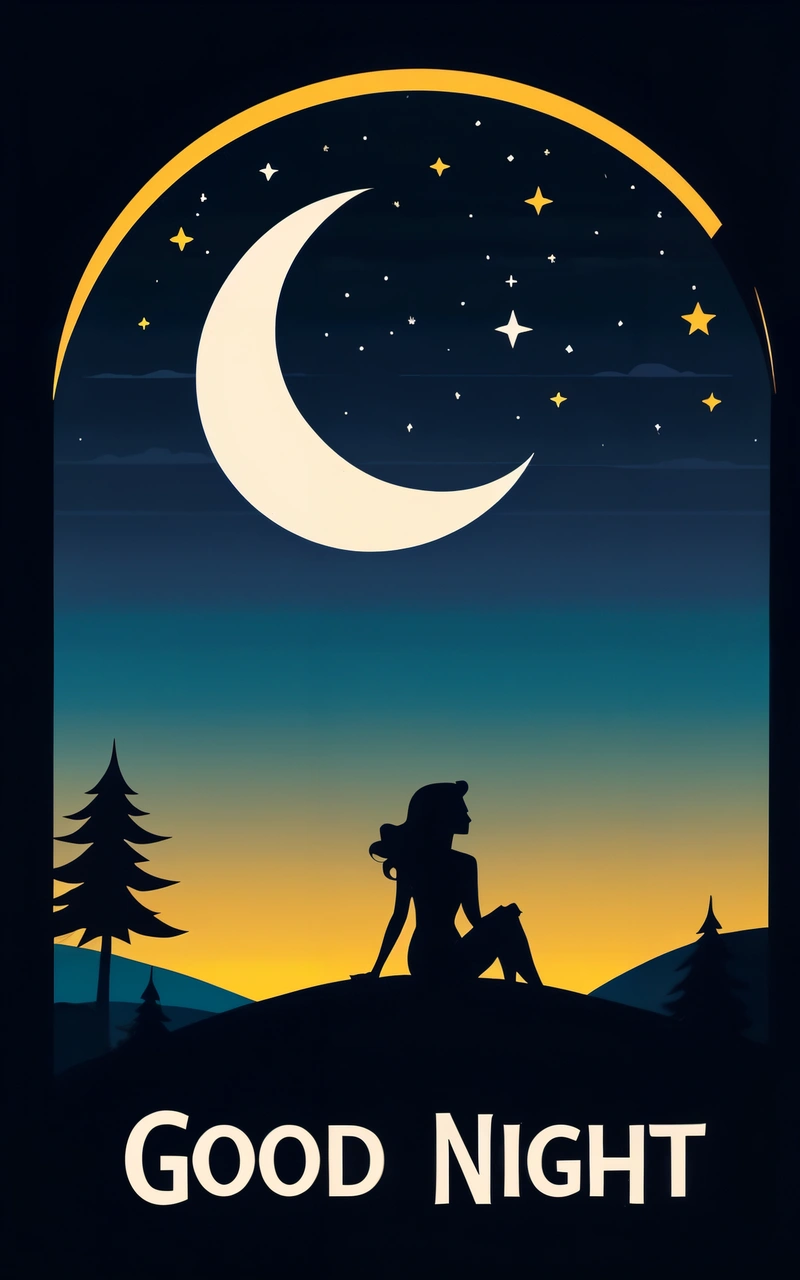 A poster with a woman sitting on a hill at night with a crescent and stars in the sky above her and the words good night written below, book cover, a storybook illustration, fantasy art