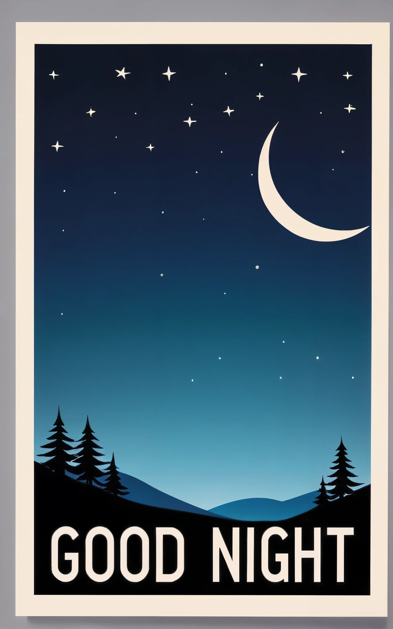 A poster with the words good night written in it and a crescent above a forest at night with stars and a crescent in the sky, poster, a poster, neo-romanticism
