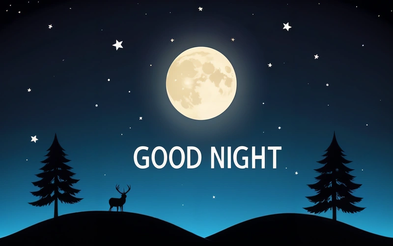 A night scene with a deer and trees in the foreground and a full moon in the background with the words good night written below, night, a digital rendering, dau-al-set