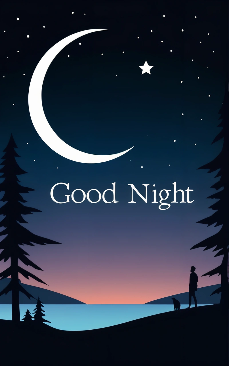 A man and a dog are standing in the moonlight under a crescent moon and stars that are shining in the sky above the trees and the water, night, a poster, neo-romanticism