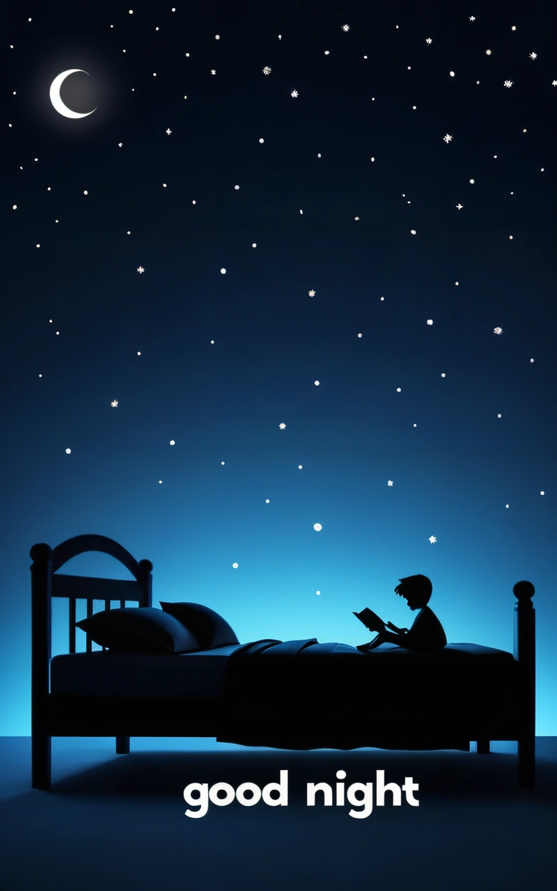 A person sitting on a bed under a night sky with stars and a crescent moon above them, reading a book with the words good night written below, storybook illustration, a storybook illustration, space art