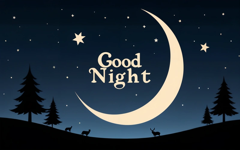 A night scene with a crescent and trees with the words good night written on it and a deer standing on the hill at the bottom, night, a digital rendering, dau-al-set