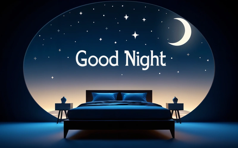 A bed with a night sky background and a good night sign above it with a crescent moon and stars above it and a night sky with stars, night, a digital rendering, dau-al-set