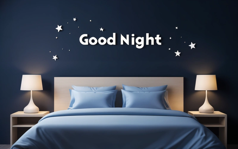 A bed with a blue comforter and a blue wall with a good night written on it and two lamps on either side of the bed, night, a digital rendering, dau-al-set