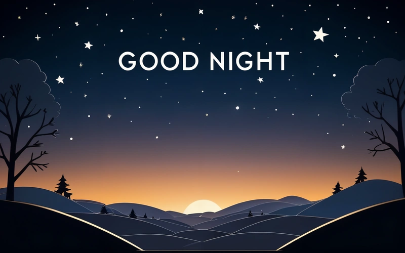 A night scene with the words good night written in the sky above a snowy landscape with trees and mountains in the distance, with a full moon and stars, smooth and clean vector curves, computer graphics, dau-al-set
