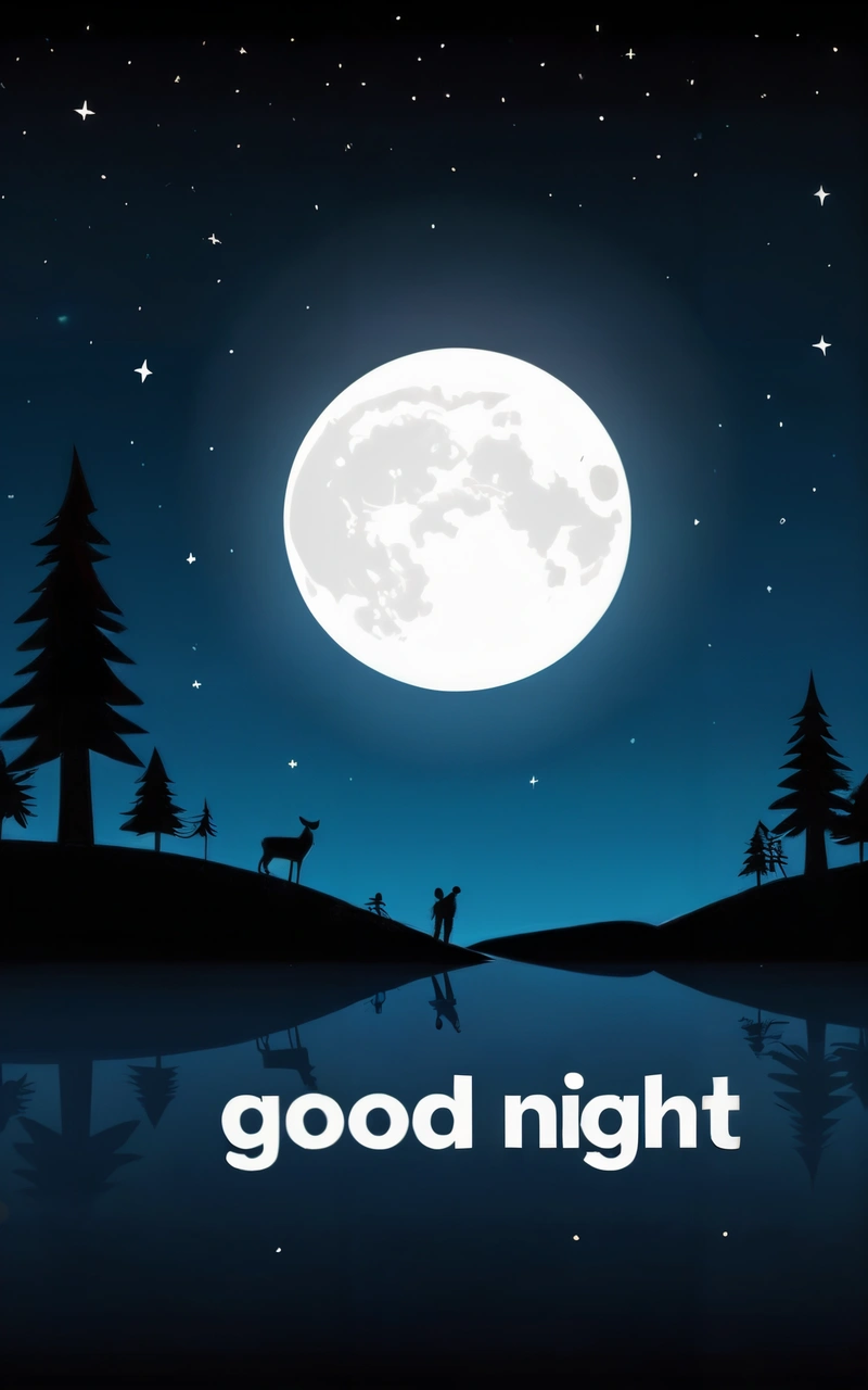 A night scene with a full moon and trees and a deer silhouetted against the night sky with the words good night written below it, night, a poster, dau-al-set