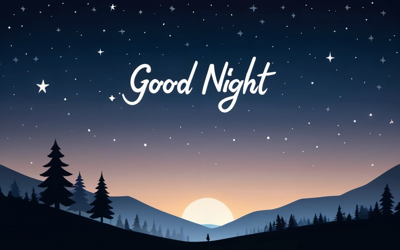 A night scene with trees and stars and the words good night written in white on a blue background with a mountain range in the distance, night, computer graphics, dau-al-set