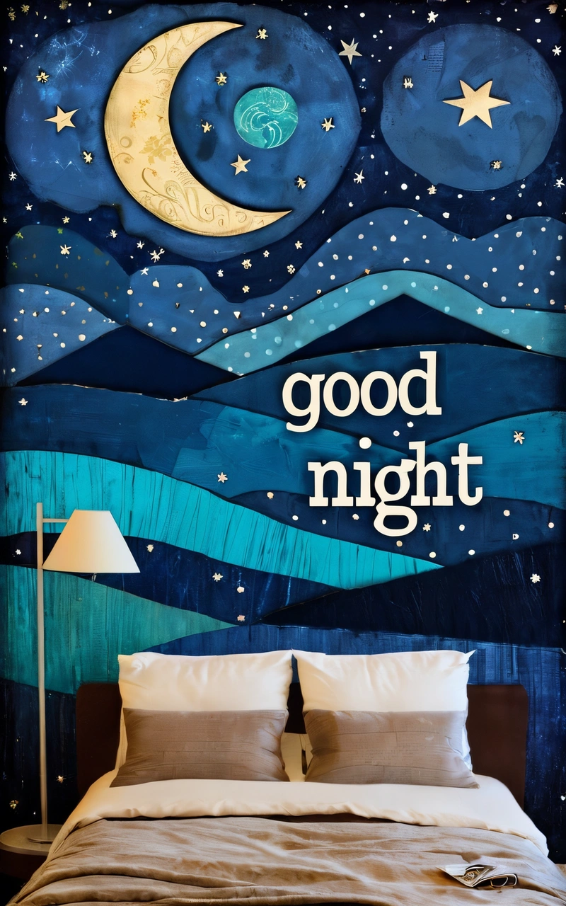 A bed with a night sky painted on it and a night sky mural above it that says good night on the wall above it is a bed with a night sky with stars and moon, night, poster art, folk art