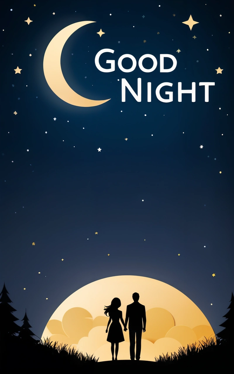 A couple standing under a crescent moon at night with the words good night written on it in white lettering on a blue background with stars, night, vector art, space art
