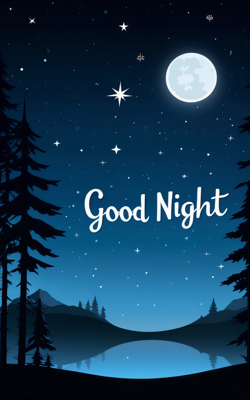 A night scene with a full moon and trees and the words good night written in white on a blue background with stars and a lake, night, vector art, dau-al-set