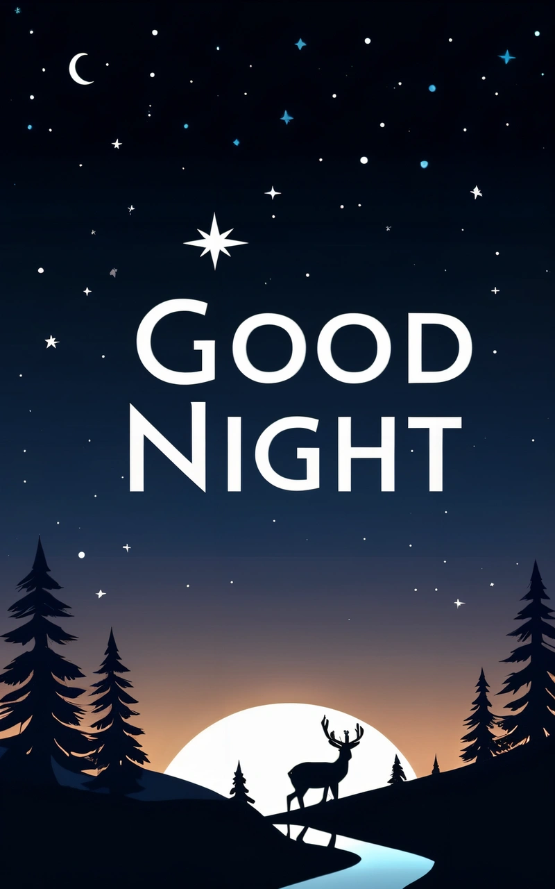A night scene with a deer and a moon in the sky with the words good night written on it and a night sky with stars and a stream, night, a poster, folk art