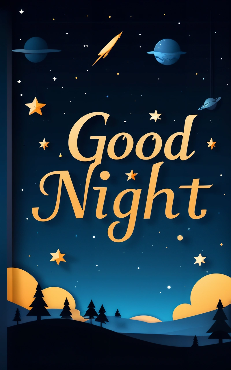 A poster with the words good night written in gold on a blue background with stars and planets in the sky above it is a night sky with a rocket, colorful flat surreal design, vector art, international typographic style