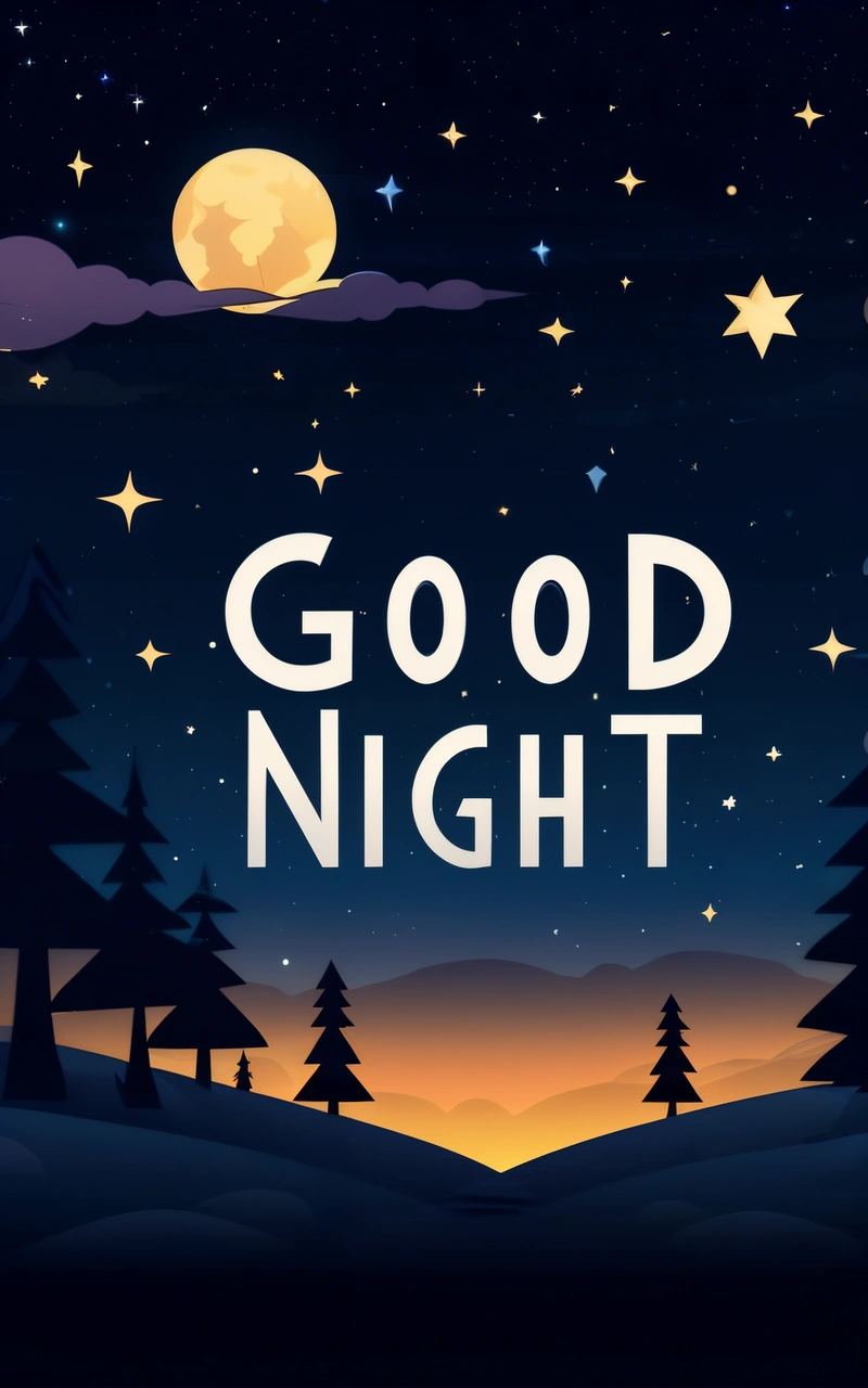 A night scene with trees and stars and the words good night written in white on a dark background with a full moon and stars above, night, vector art, dau-al-set
