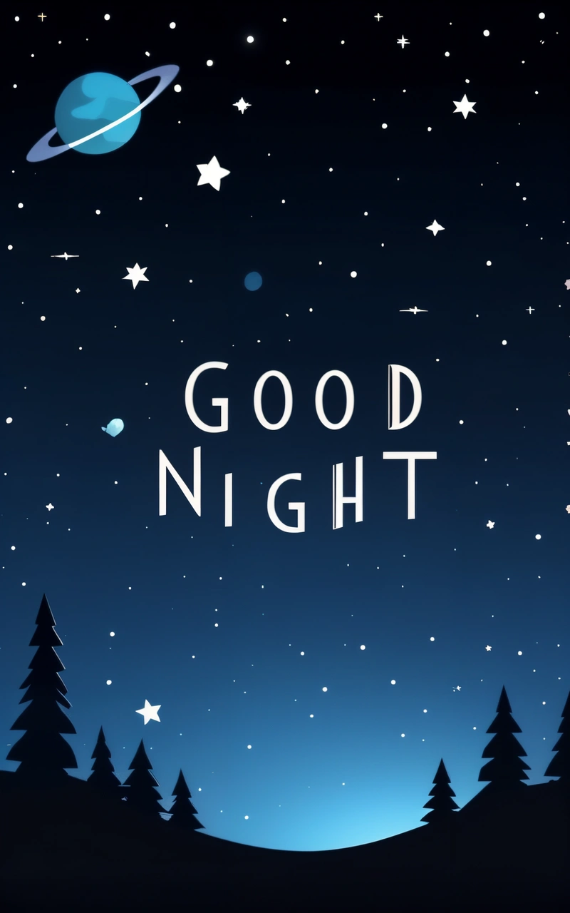 A night scene with the words good night written in white on a blue background with stars and a planet in the sky with the words good night, night, vector art, dau-al-set