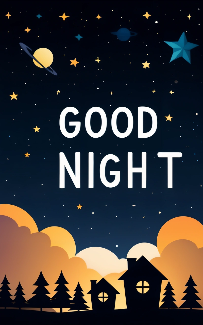 A night scene with the words good night written in white on a black background with a sky full of stars and a house with a moon, colorful flat surreal design, vector art, space art