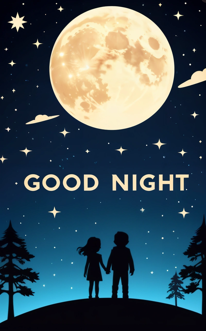 A couple holding hands under a full moon with the words good night written below it on a night sky background with stars and trees and a full moon, book cover, poster art, space art