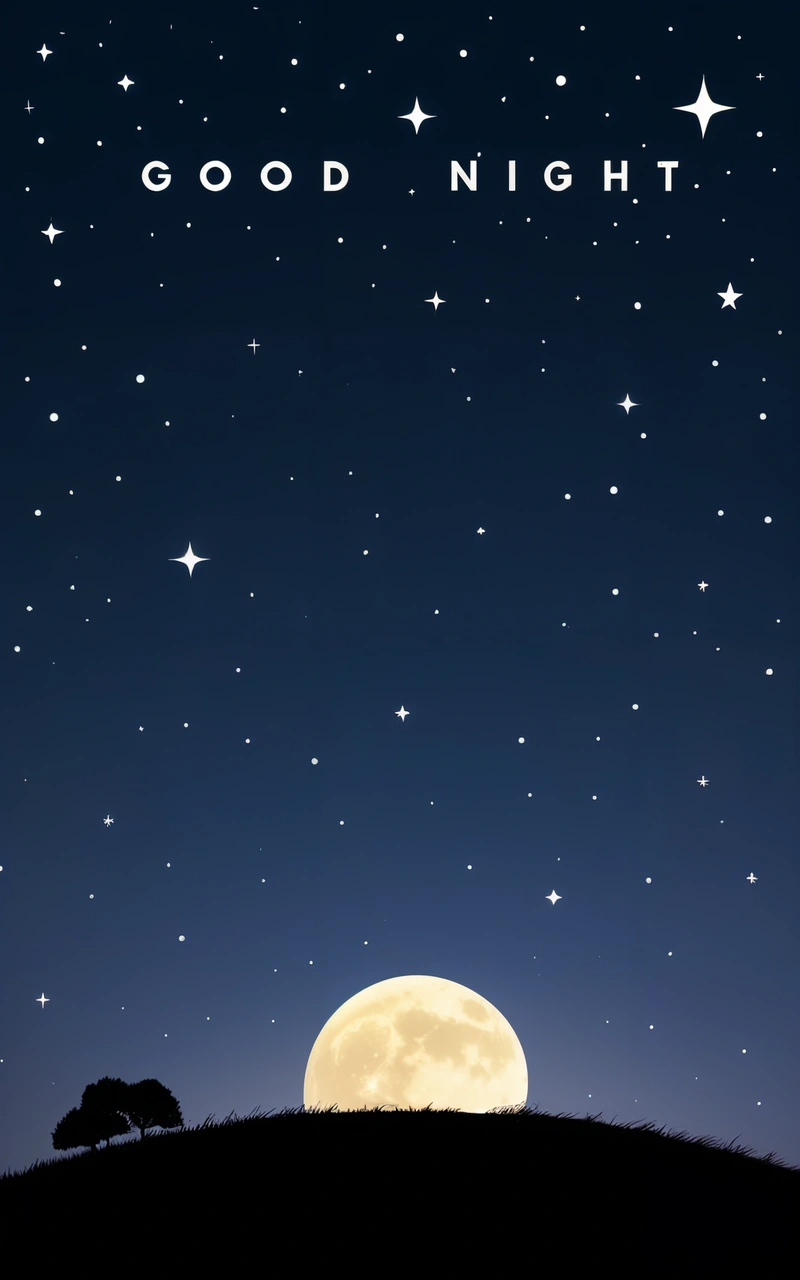 A full moon and stars in the night sky with a tree on a hill with a tree silhouetted against the moon and stars in the sky, moon, a digital rendering, space art