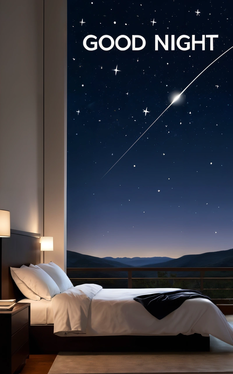 A bedroom with a bed and a night sky view with a good night message on the wall above it and a window with a view of the mountains, night sky, a digital rendering, space art