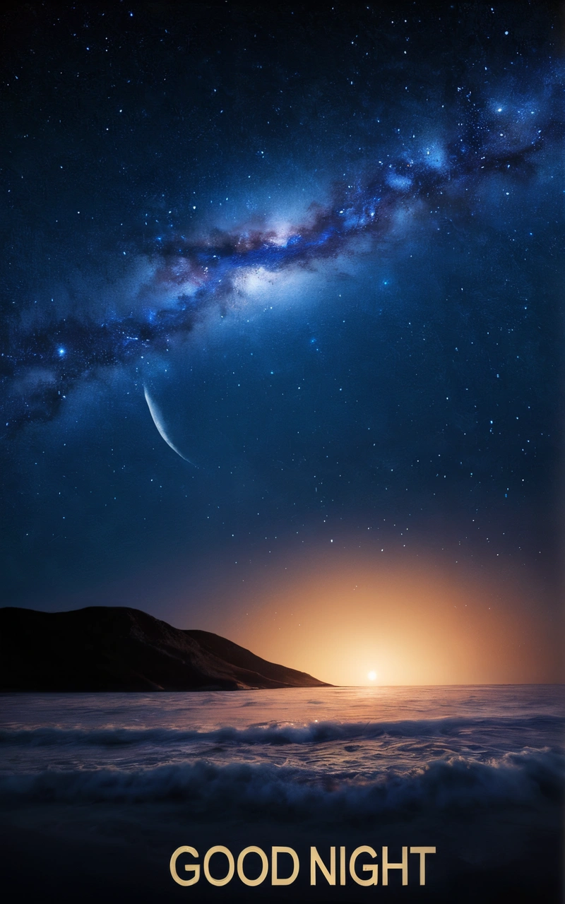 A poster of a night sky with a bright star and a crescent in the middle of the sky with the words good night written below, night sky, a detailed matte painting, space art