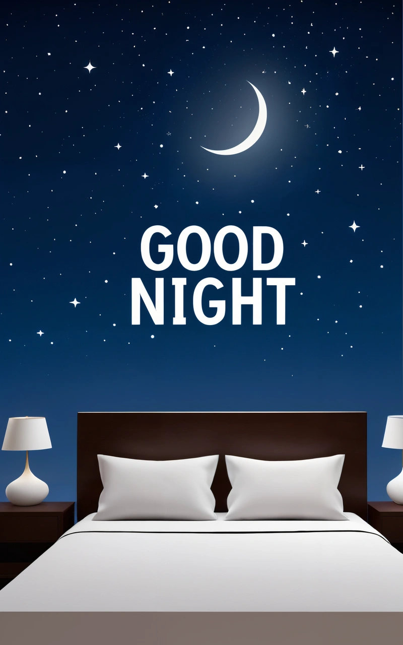 A bed with a night sky background and a good night message above it on the wall above it is a night sky with stars and a crescent, night, a digital rendering, dau-al-set