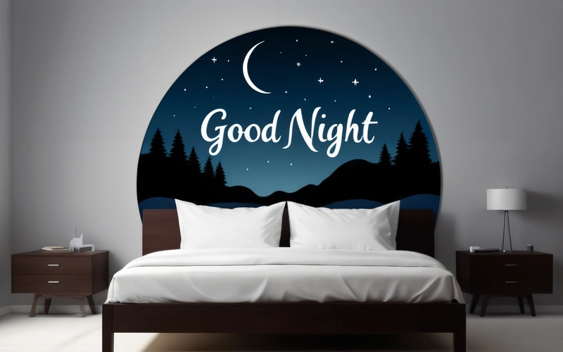 A bed with a night scene on the wall above it and a night sky above it with the words good night on it and a mountain, night, a digital rendering, folk art