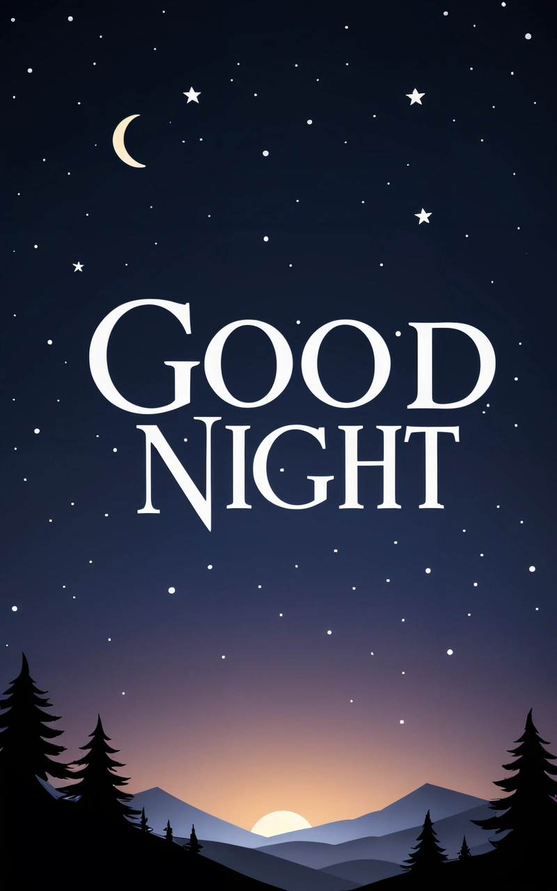 A night scene with the words good night written in white on a dark background with trees and a moon in the sky with stars and a crescent, night, vector art, dau-al-set