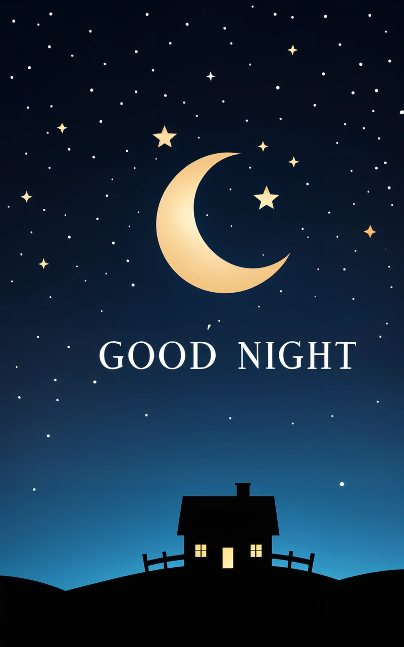 A night scene with a house and a crescent with the words good night written on it and stars in the sky above it, and a night sky with a, night, a digital rendering, dau-al-set