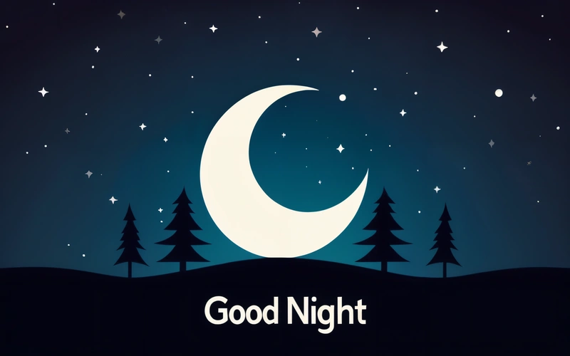 A night scene with a crescent and trees in the foreground and the words good night written in the middle of the image with stars and the moon, night, a digital rendering, dau-al-set
